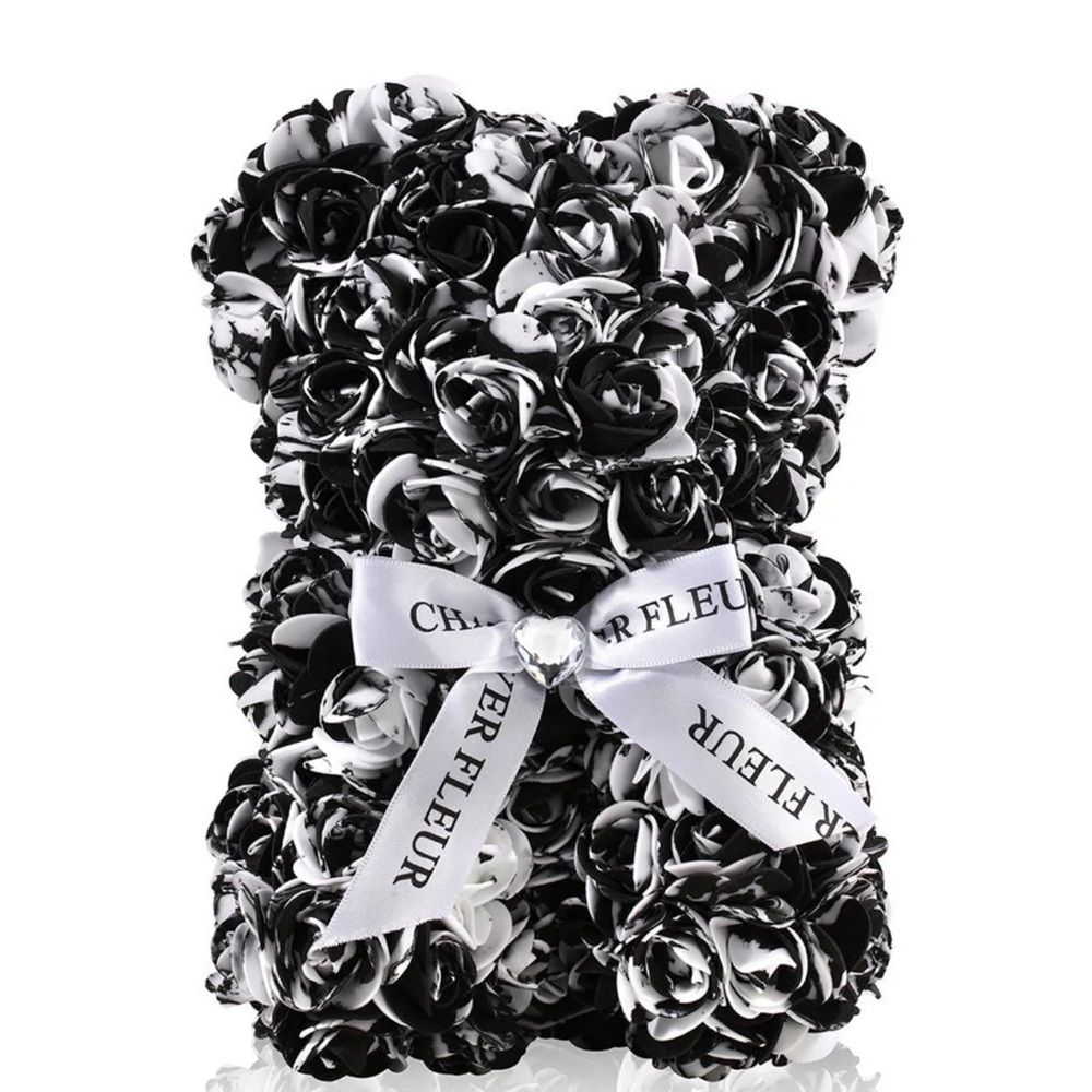 Black and White Rose Teddy Bear, Black Rose Bear, Chatoyer Fluer Bear